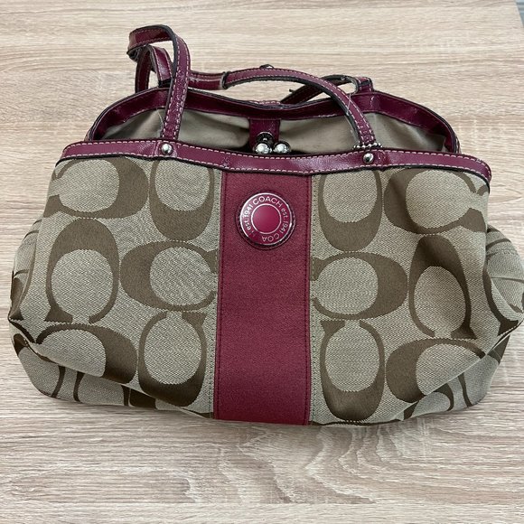 Coach Beige and Wine Signature Canvas Leather Trim Tote Bag - Picture 1 of 13
